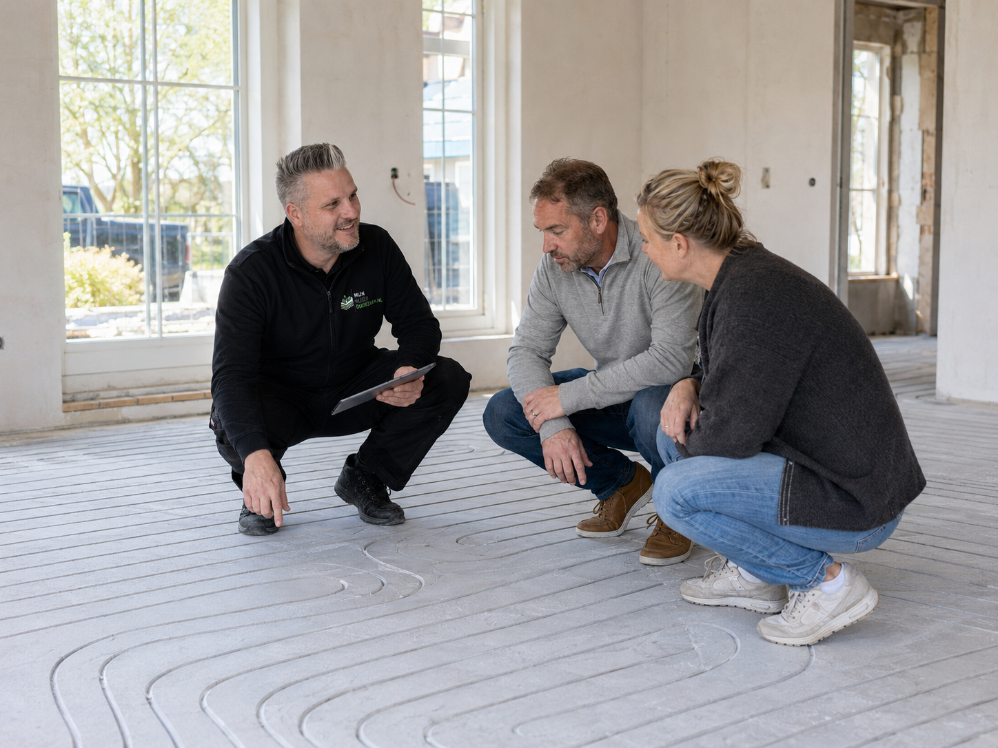 Vloerspecialist wijst rode vloerverwarmingsleidingen aan in infreesgroef