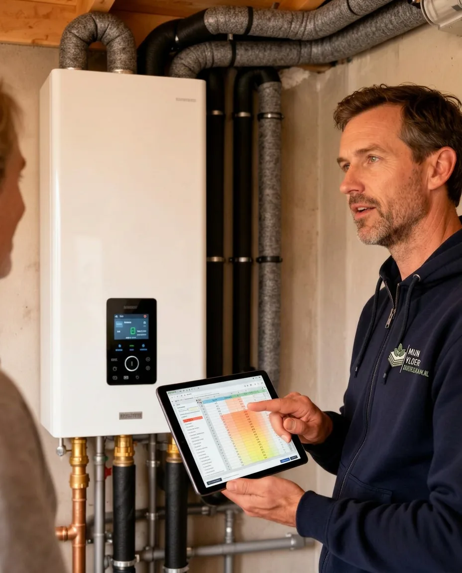 Vloeradvisuer toont warmtepomp-berekening op tablet naast binnenunit